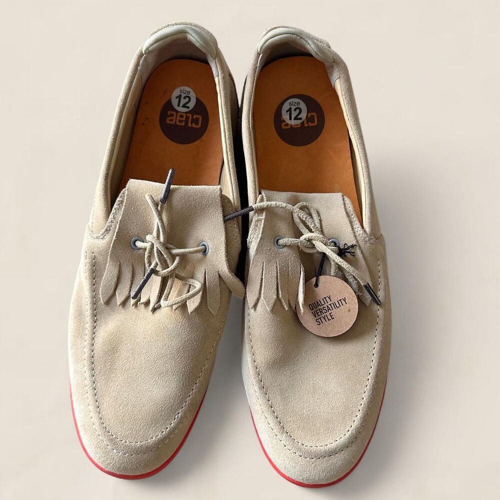 Clae Winston beige suede fringe derby shoes red sole size 12 minimalist mens